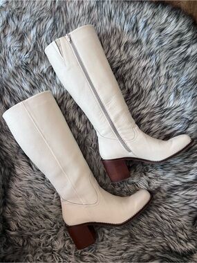 Women's Patina Portland Leather Co Cream Leather Knee-High Boots with Block Heel